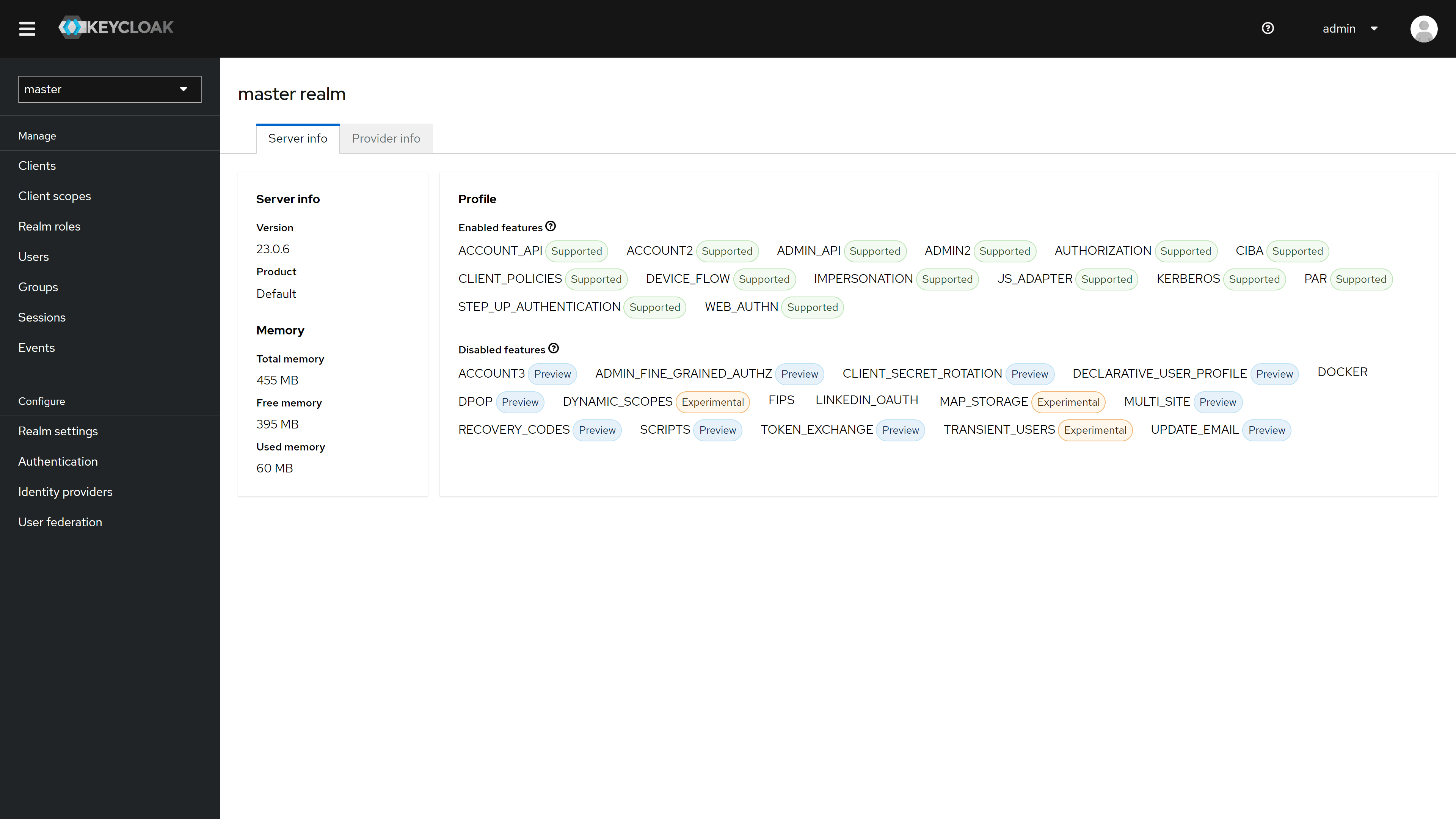 Keycloak admin dashboard